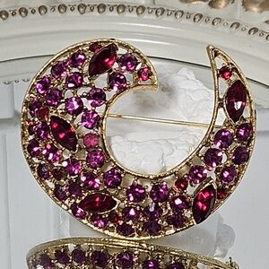 Vintage 1960s Pink & Red Rhinestone Crescent Moon Brooch